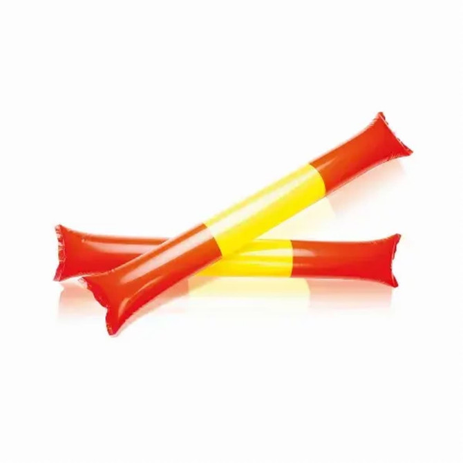 A pair of inflatable novelty items in red and yellow, shaped like sticks. Each has a logo.