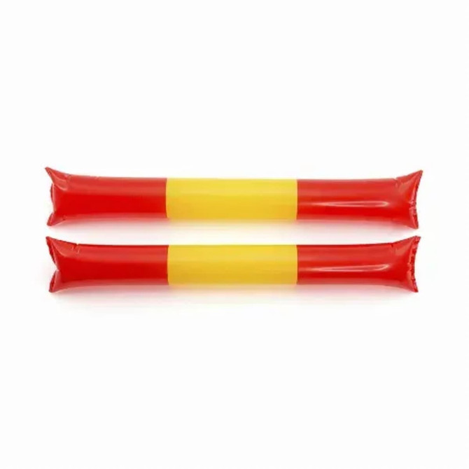 Two inflatable novelty flags in red and yellow, featuring a simple design and a branding logo.