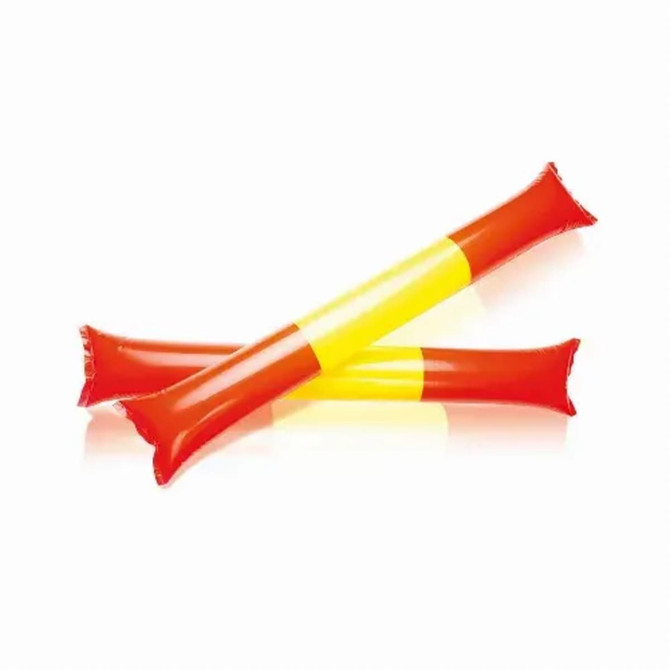 A pair of inflatable novelty items in bright red and yellow, resembling large sticks.