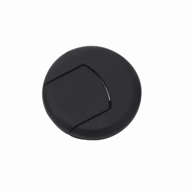 A black circular device with a segmented design, featuring a smooth surface and a small branding logo.