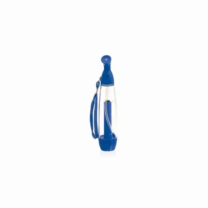 A drink bottle with a blue and clear design, featuring a strap and a secure cap. It includes a logo.