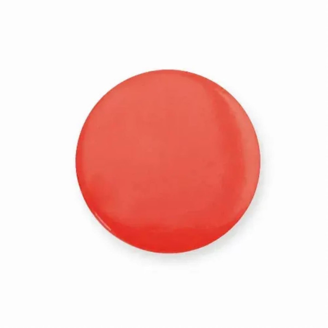 A red button badge with a shiny finish, round in shape, featuring a logo on the back.