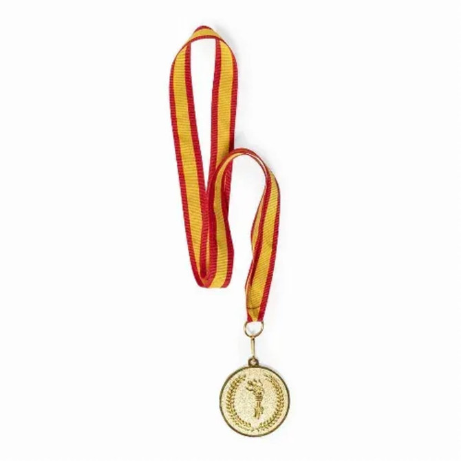 A gold medal with a laurel design, suspended from a red and yellow ribbon.