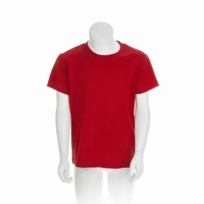 A red t-shirt displayed on a mannequin with short sleeves and a round neckline. It has a logo on the front.