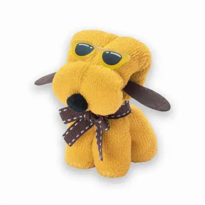 A cute yellow towel dog figurine wearing sunglasses and a brown bow tie, showcasing a playful design.