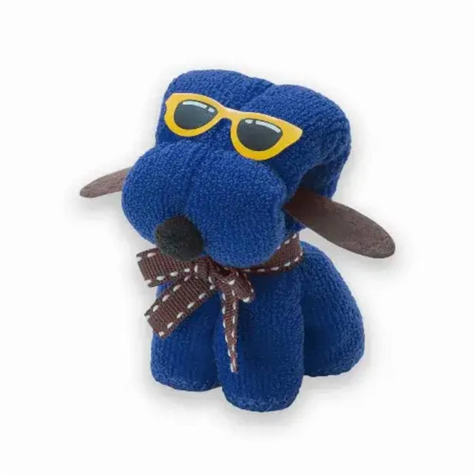 A blue plush dog toy wearing yellow sunglasses and a brown bow tie, featuring brown ears and a cheerful expression.