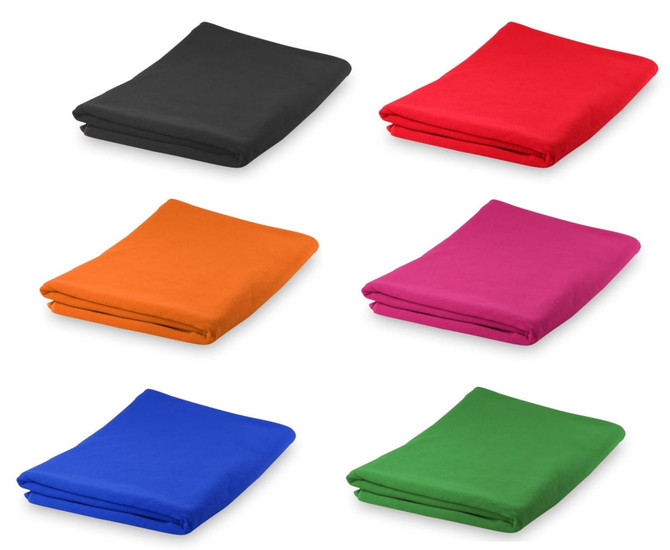 A set of six folded gym towels in black, red, orange, pink, blue, and green, each with a logo.