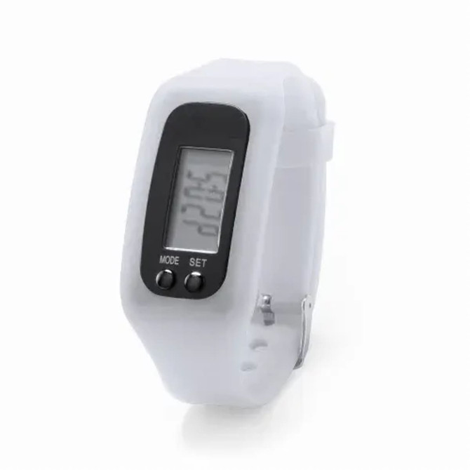 A digital watch with a black face and white strap, featuring mode and set buttons.