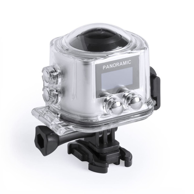 A camera in a clear housing, featuring a panoramic lens and control buttons, mounted on a black base.