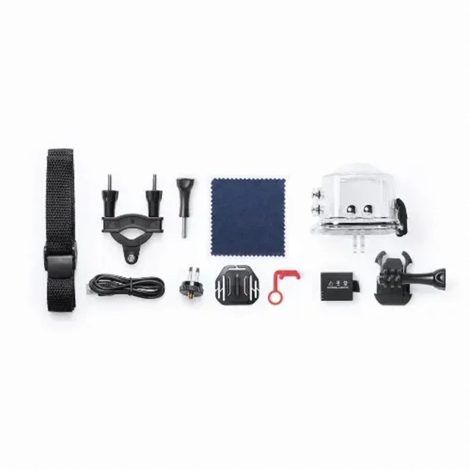 A set of camera accessories including a strap, mounts, cables, cleaning cloth, and various connectors, arranged neatly.