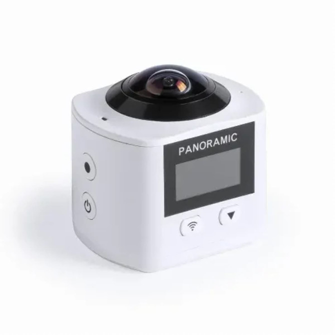 A panoramic camera in white, featuring a lens on top and buttons on the side, with a display panel.