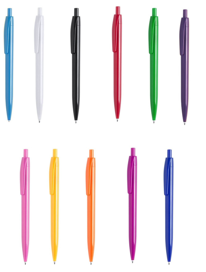 A collection of plastic pens in blue, white, black, red, green, purple, yellow, orange, and pink, featuring various logos.