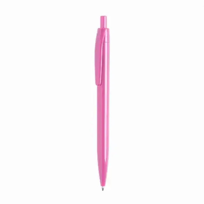 A pink plastic pen with a smooth finish, featuring a clip and a pointed tip. It includes a logo.