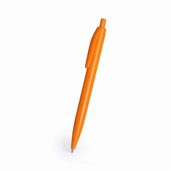 An orange plastic pen with a clip and a rounded body. It features a logo on its surface.