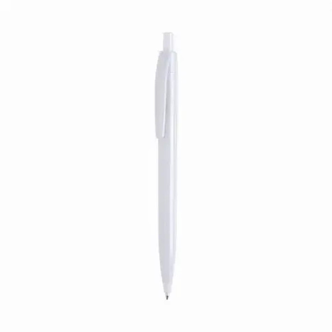 A plastic pen in white with a clip and a logo on the barrel.