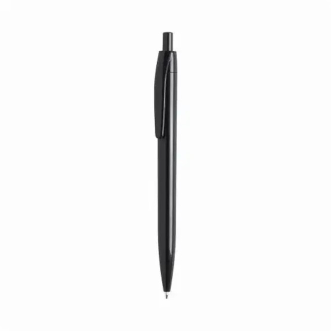A black plastic pen featuring a clip and a sleek design, suitable for promotional use.