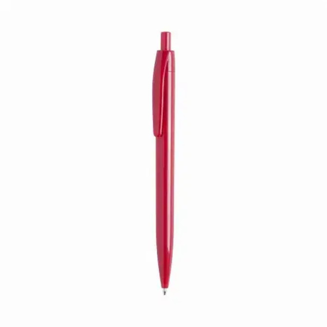 A red plastic pen with a clip, featuring a smooth barrel design and a pointed tip.