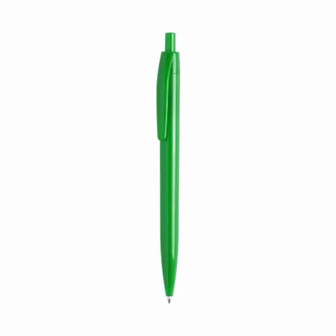 A plastic pen in vibrant green with a clip and a sleek design, featuring a branding logo.