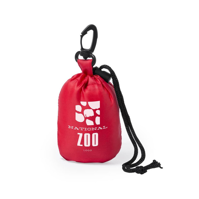 A red drawstring bag with a black cord and a carabiner clip, featuring a logo on the front.