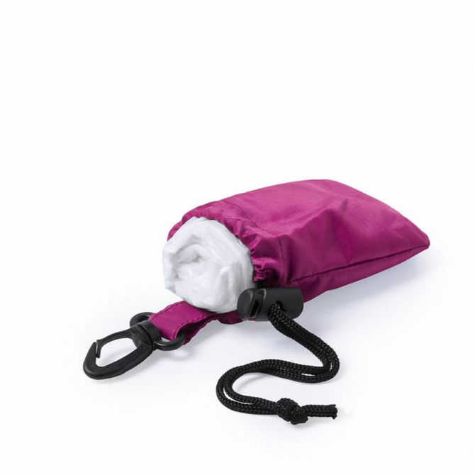 A drawstring bag in bright pink, containing a rolled-up item, with a clasp and adjustable cord attached.