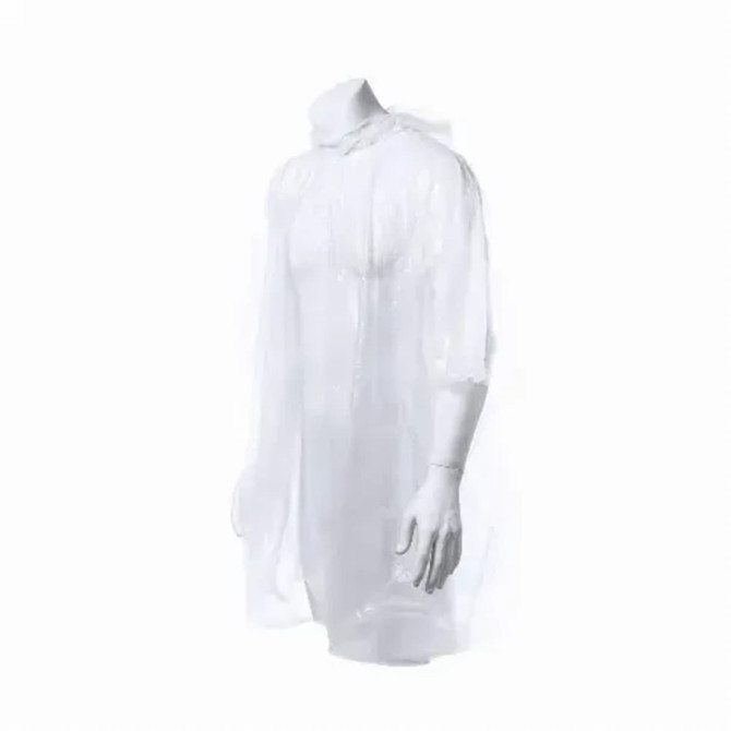 A transparent, long-sleeved poncho with a hood, displayed on a mannequin. The material is lightweight and waterproof.