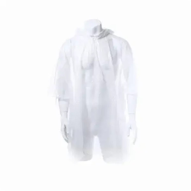 A plain white poncho with a hood, displayed on a mannequin. The poncho is lightweight and transparent.