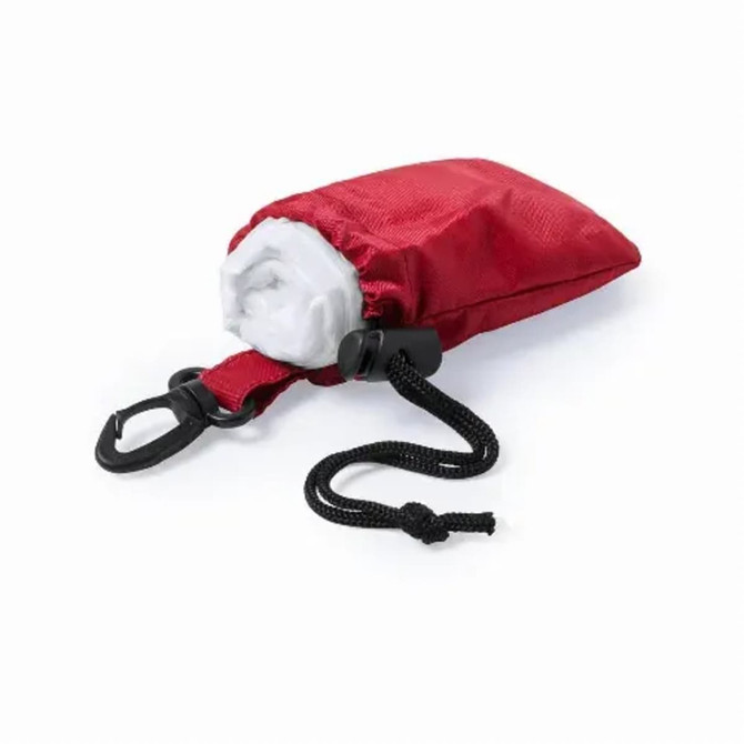 A red drawstring bag with a black clip and a drawstring closure, featuring an interior compartment.