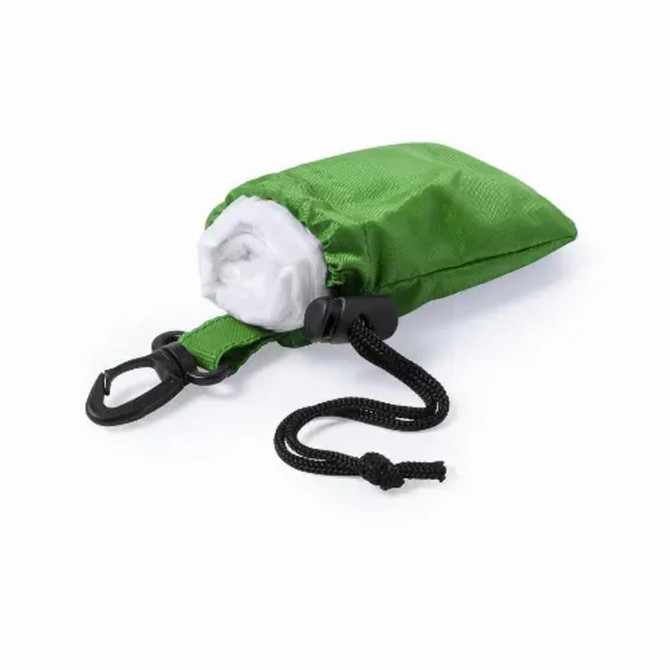 A green drawstring bag with a white interior and a black clip and strap. It has a compact, folded design.