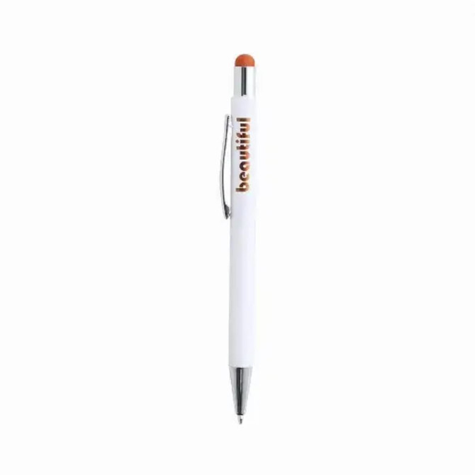 A white aluminium pen with a metallic clip and orange stylus tip, featuring the word "beautiful" in bold lettering.