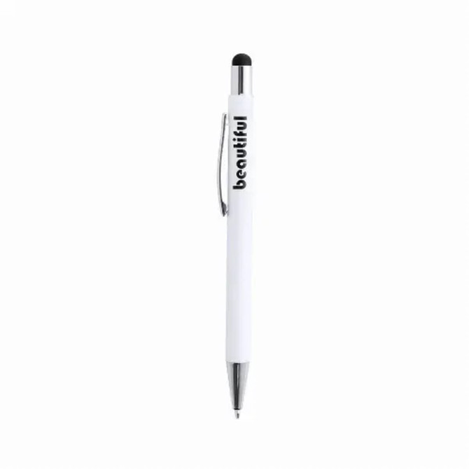 A white aluminium pen with a black rubber tip and silver accents, featuring a logo.