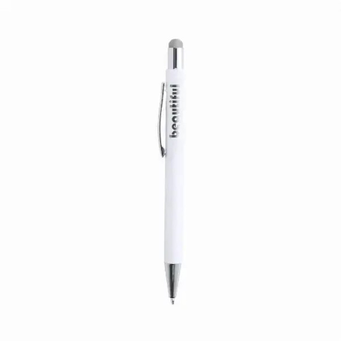 A white aluminium pen with a silver clip and a stylus tip, featuring a logo.