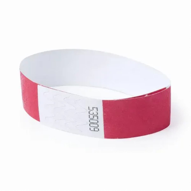 A red and white wristband with a numerical code, designed for event access and identification.