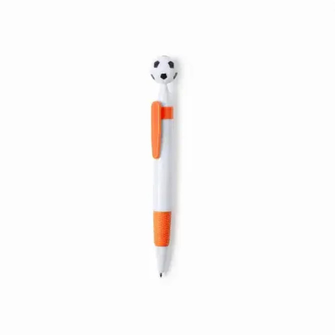 A plastic pen with a white body, orange accents, and a soccer ball-shaped topper. It features a logo.