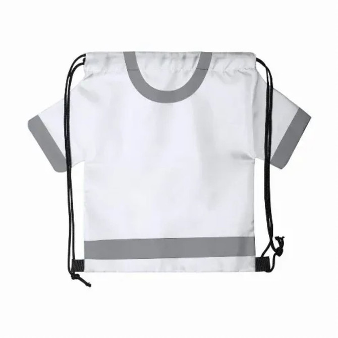 A drawstring bag designed to resemble a white T-shirt with grey accents, featuring black drawstrings.