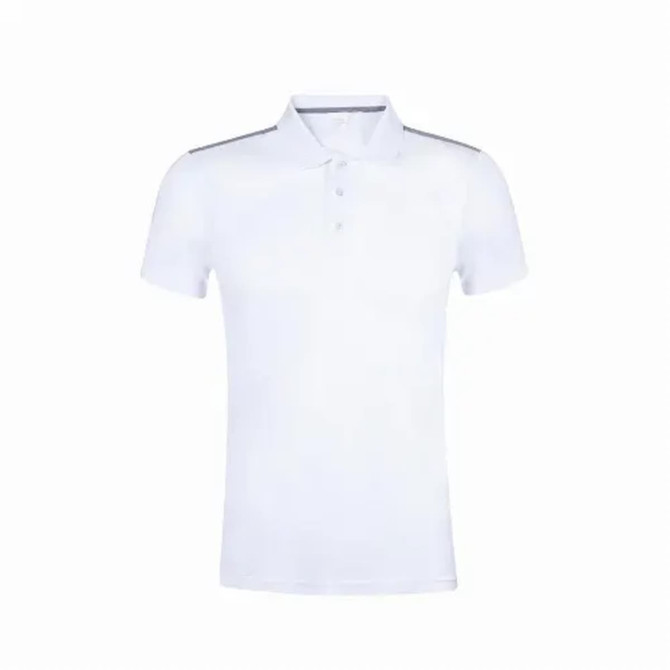 A white polo shirt with a collar and short sleeves, featuring a subtle logo.