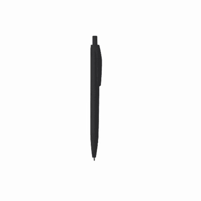 A black pen with a sleek design and a pocket clip, featuring a branding logo.