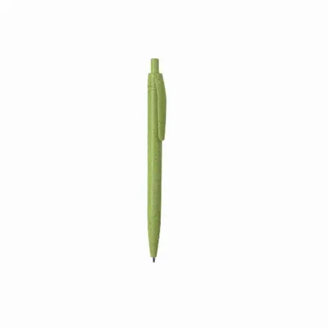 A green pen with a click mechanism and a textured grip. It features a logo on the side.