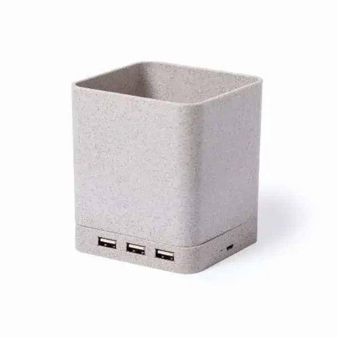 A square, grey wireless charger with three USB ports, featuring a simple and modern design. It has a logo on the side.