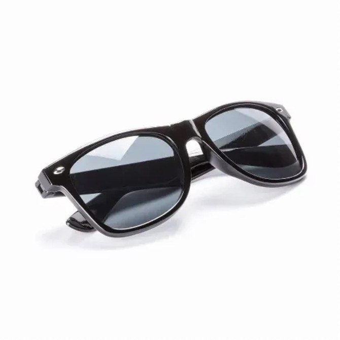 A pair of black sunglasses with dark lenses, featuring a sleek design and a logo on the side.