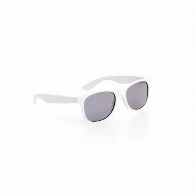 A pair of white sunglasses with grey lenses, featuring a logo on the side.