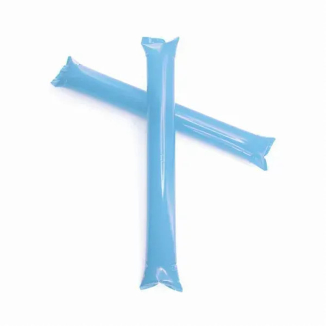 Two light blue novelty stick items, featuring a sleek, shiny finish, crossed over each other.