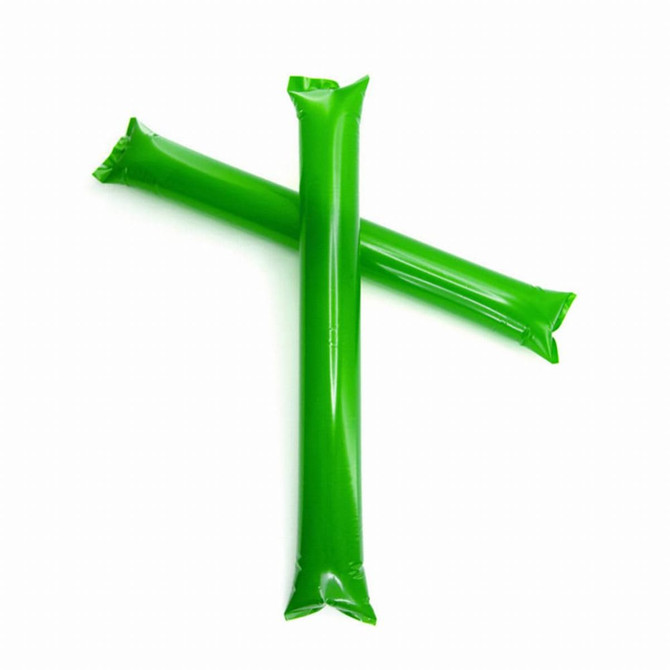 Two green inflatable sticks are crossed over each other, featuring a glossy finish and a minimal design.