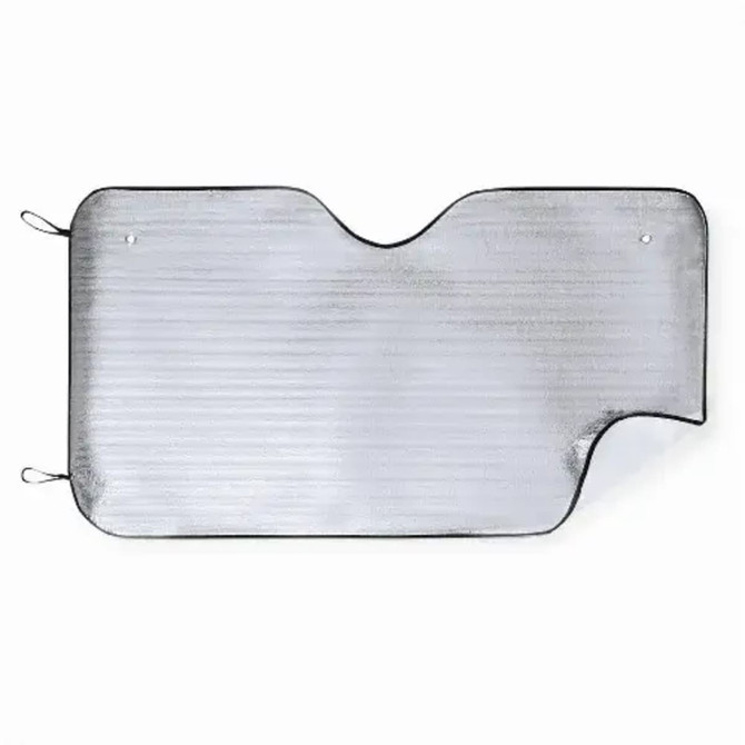 A silver sunshade with black trimming, featuring cut-outs for easy placement. It has a logo on the surface.