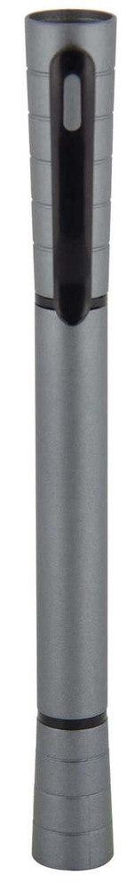 A grey pen with a sleek design and a clip, featuring a matte finish and a black grip section.