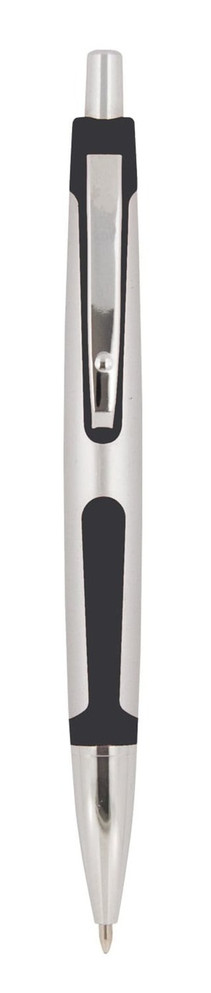 A silver barrel plastic pen with click action and coloured rubber trim in black. Features a logo on the barrel.