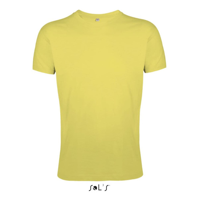 A yellow men's T-shirt made from 100% semi-combed ring-spun cotton, featuring a logo.
