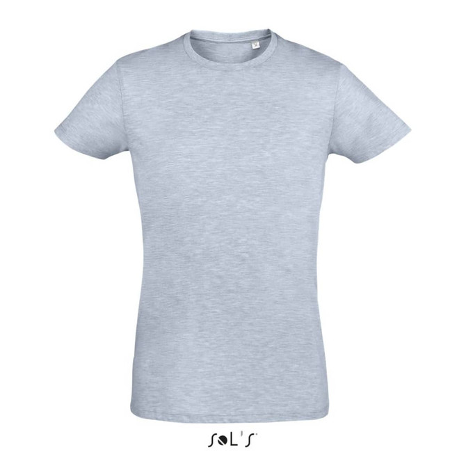 A light blue men's T-shirt made of 100% semi-combed ring-spun cotton, featuring a logo at the bottom.