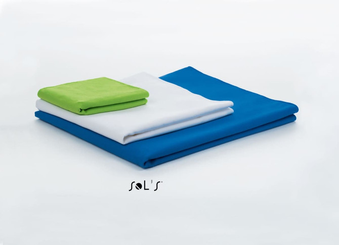 A stack of microfibre towels in green, white, and blue, featuring a logo.