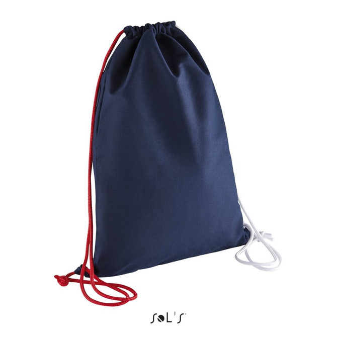 A navy drawstring backpack with red and white cords, featuring a logo.