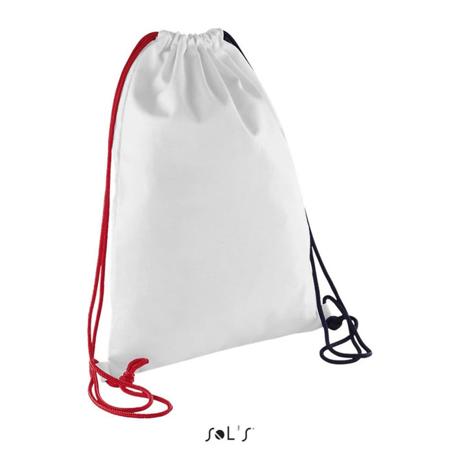 A drawstring backpack in white with red and navy blue cords. It features a logo on the front.